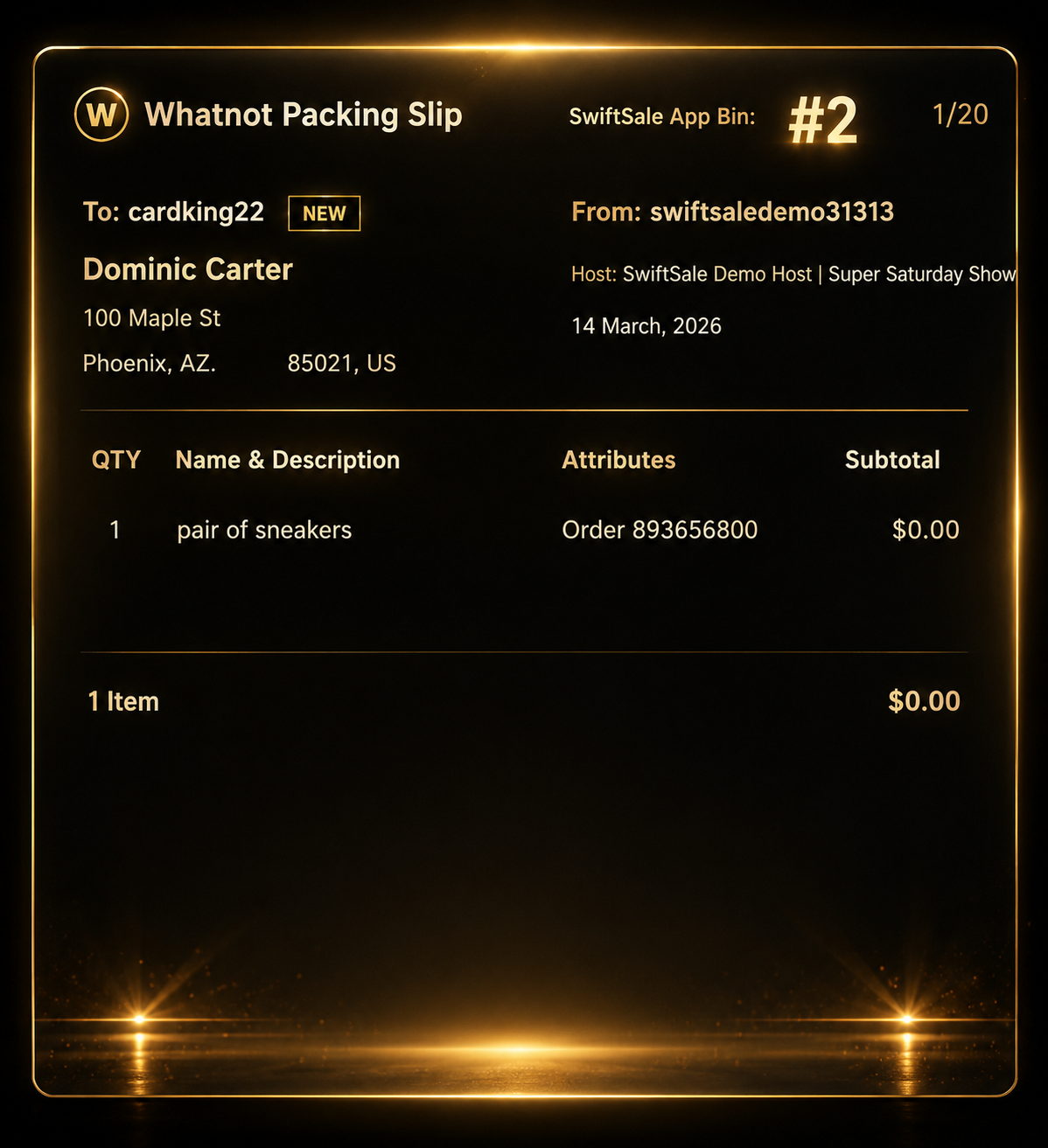 SwiftSale annotated Whatnot packing slip workflow